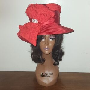 Vibrant Red Hat with Textured And Silk Bow w Silver Band Rose Swirls
